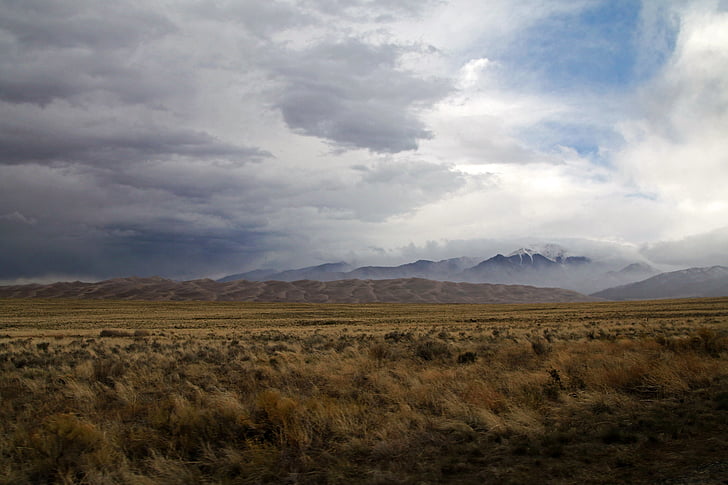 field, brown, grass, cloud, clouds, landscape, mountain