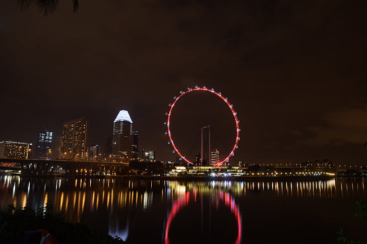 Singapūra, naktī, upes, siluets