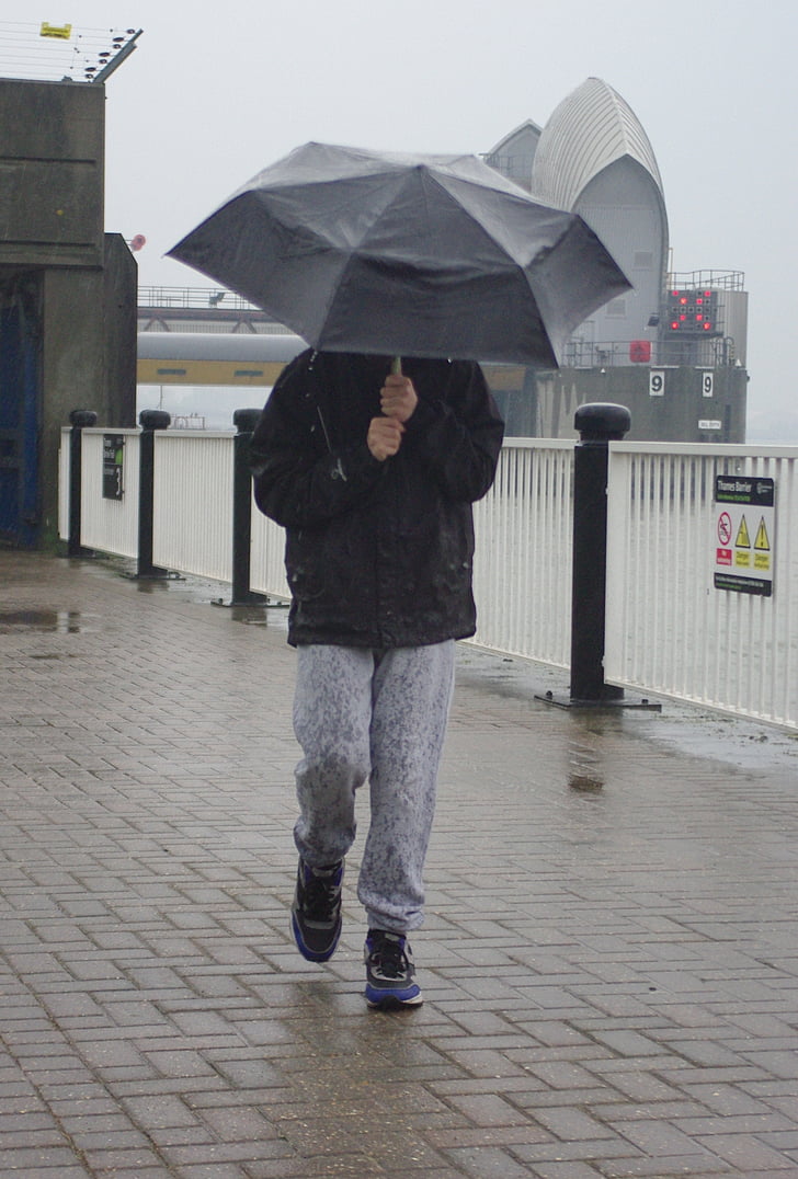 wet, rain, boy, thames, barrier, water, weather