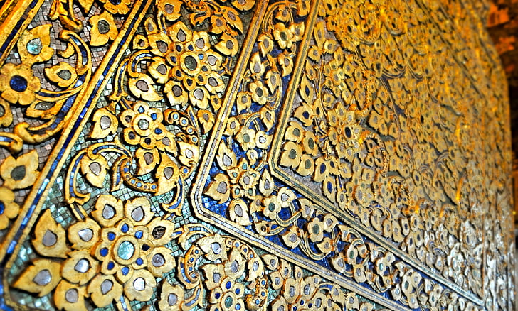 Ornamen, detail, pola, emas, biru, hiasan, dekorasi