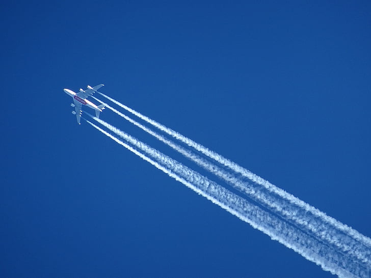 aircraft, contrail, sky, air, fly, partly cloudy, flyer