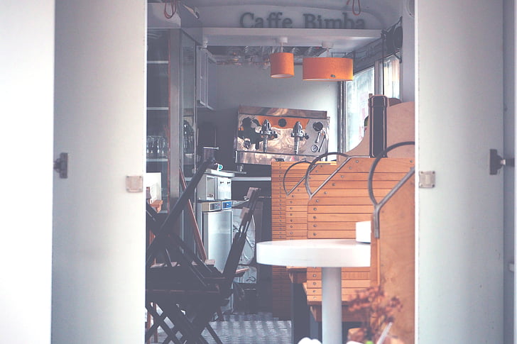 Architektura, Bar, obchodní, Caffe bimba, křeslo, denní světlo, dveře