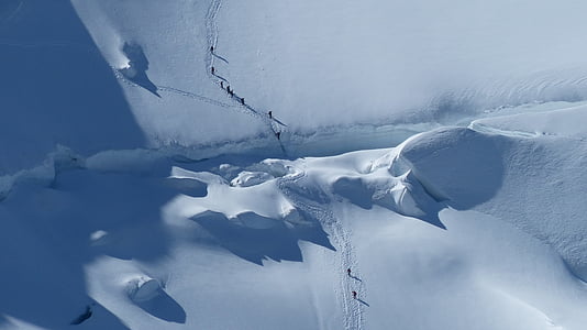 冰川, 雪原上, 人, 集团, 裂缝, 穿越, 痕迹