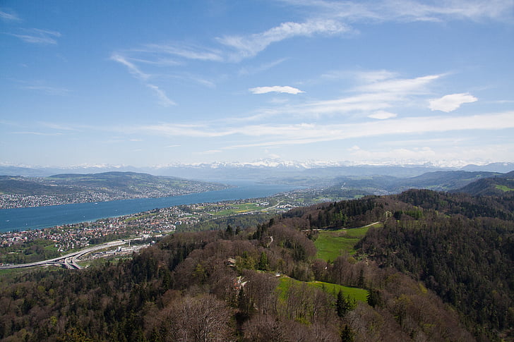 Lago zurich, visto de uetliberg a, Suiza, Alpine, cubierto de nieve, Uetliberg, montañas