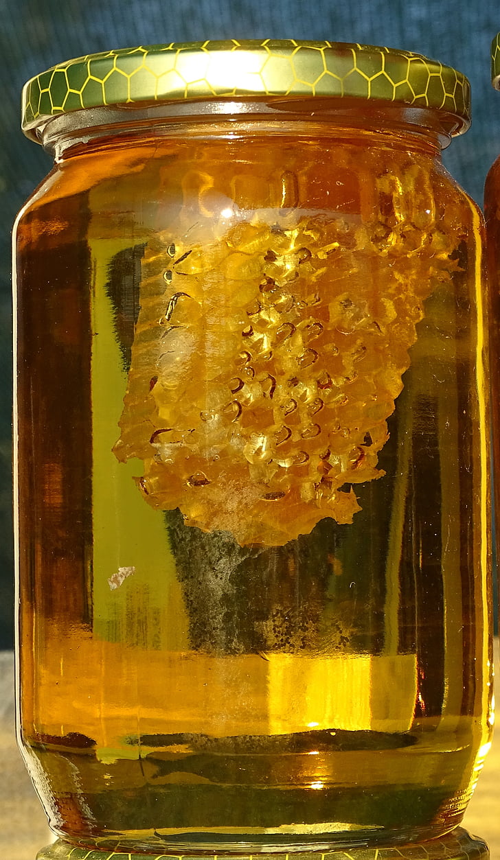honning, honning jar, honeycomb, glass, mat, fylt, spise