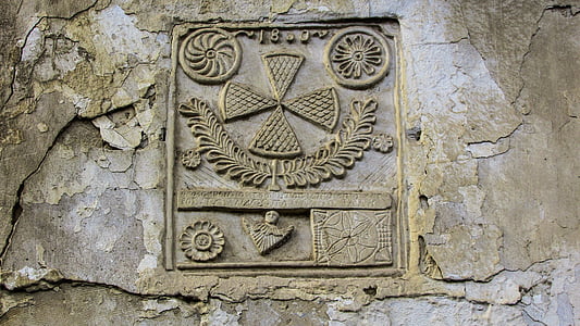 linteau, signe, symbole, mur, fissure, vieux, sculpture sur