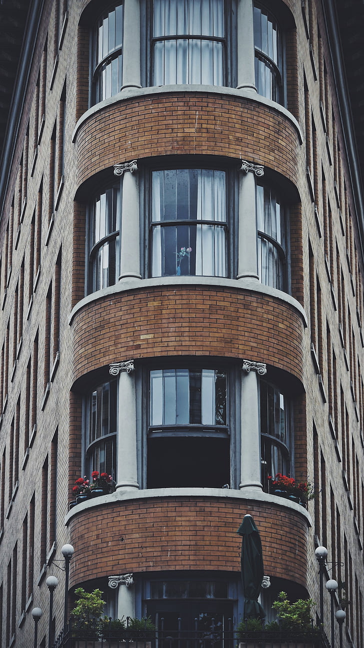bruin, wit, gebouw, weergegeven:, Windows, venster, het platform