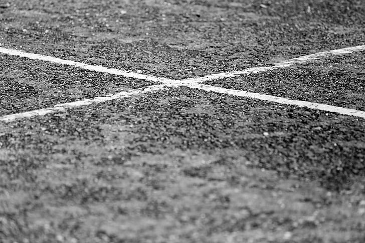 b w, black and white, car park, cross, dirt, lines, tarmac