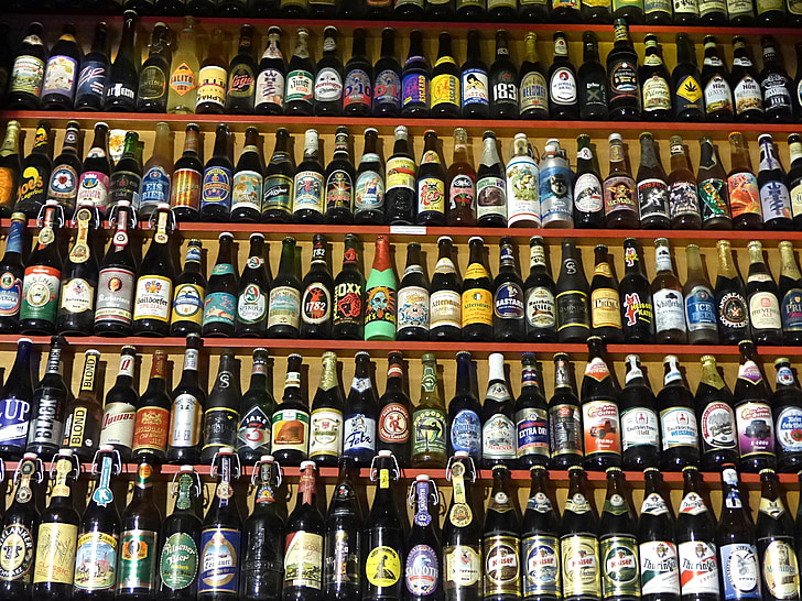 beer bottles, beverages, shelf, beer, bottles, collection