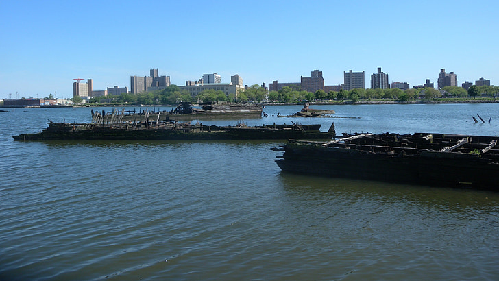 barges, ships, sunken, graveyard, old, weathered, rusty