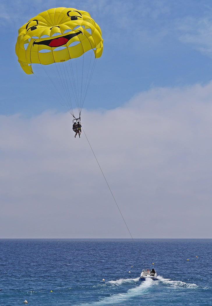 parachute ascensionnel, écran, bateau à moteur, câble de remorquage, méditerranéenne, horizon, bleu