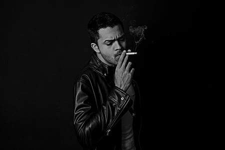 man, black, leather, jacket, holding, cigarrette, male