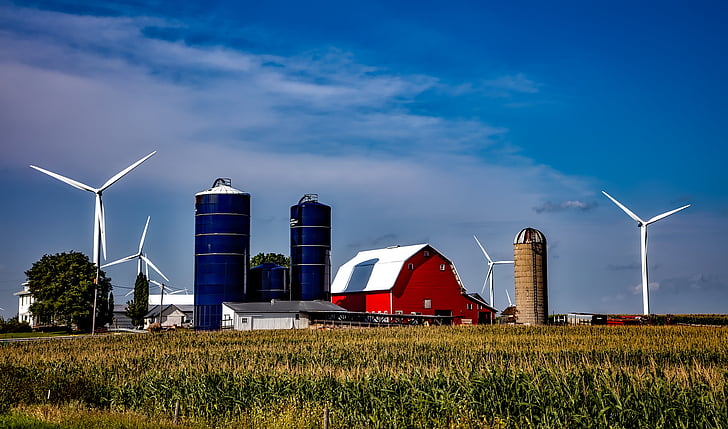 Iowa, Kmetija, silos, skedenj, vetrne turbine, energije, zelena
