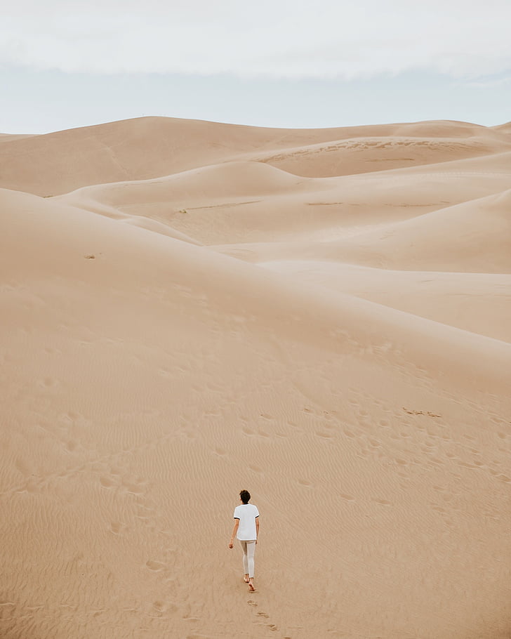 woman, white, top, walking, dessert, desert, landscape