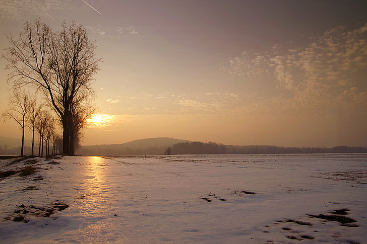 zalazak sunca, Zima, snijeg, ljepota prirode, nebo, krajolik, Zapad