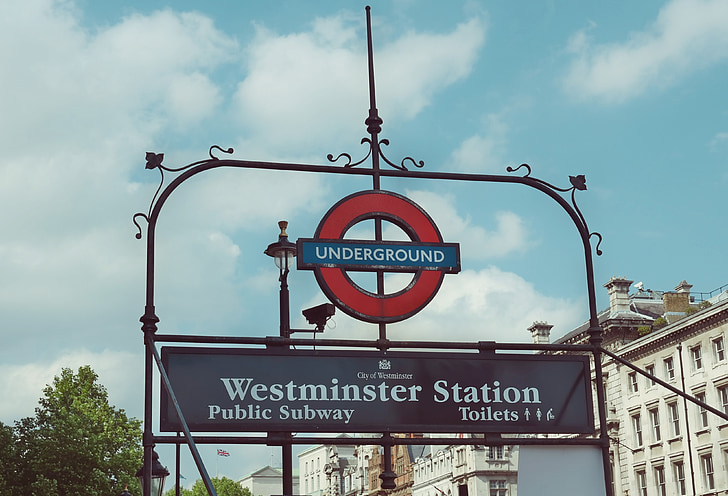 Metro, tegn, London, stasjon, Westminster, transport, Street