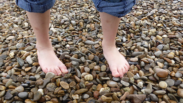 barefoot, foot, toes, wet, flushed, stones, pebble