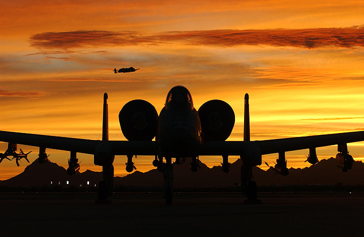 siluett, flygplan, militära, solnedgång, Thunderbolt, a-10, USA