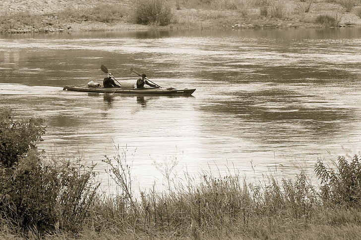 river, paddler, bank, canoeing, paddle, black and white