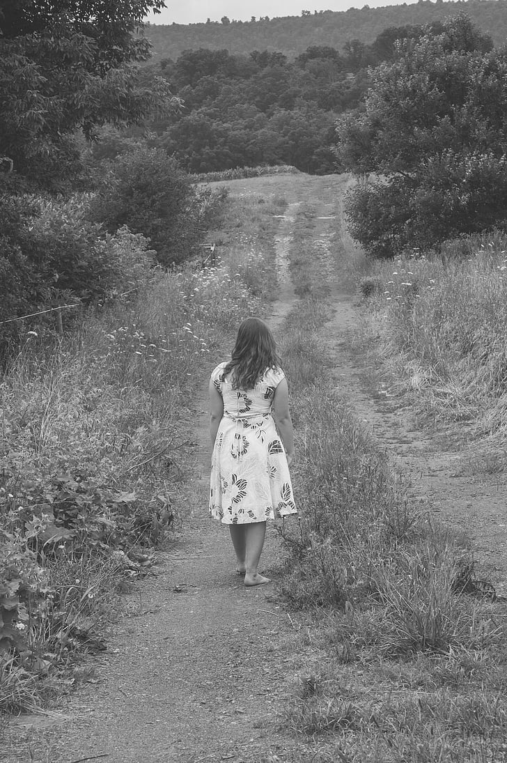 jeune fille, chemin d’accès, se promener, à pied, femelle, nature, jeune