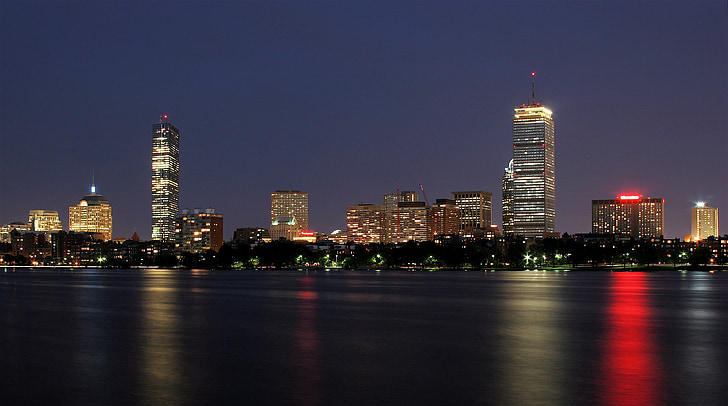 Бостън, Масачузетс, Skyline, градски, светлини, отражение, архитектура