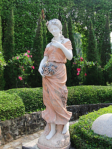 stone woman, woman, a sculpture of a woman, park, garden, greens, alley