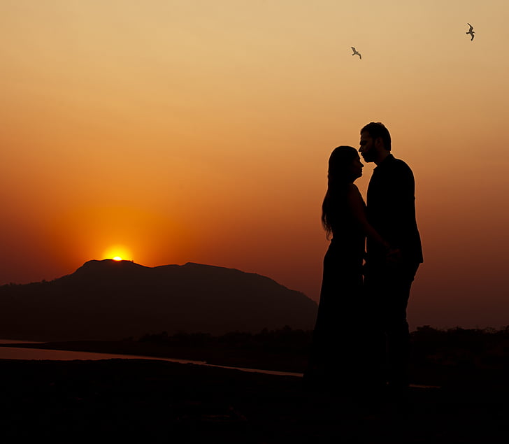 couple, sky, evening, sunset, romantic, engaged, newy wed