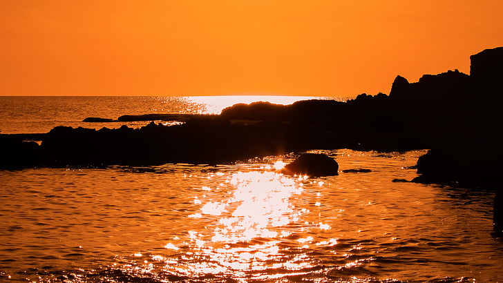 sziklás part, naplemente, tenger, Horizon, természet, táj, napfény