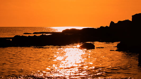 skalnaté pobřeží, Západ slunce, Já?, Horizont, Příroda, krajina, sluneční světlo