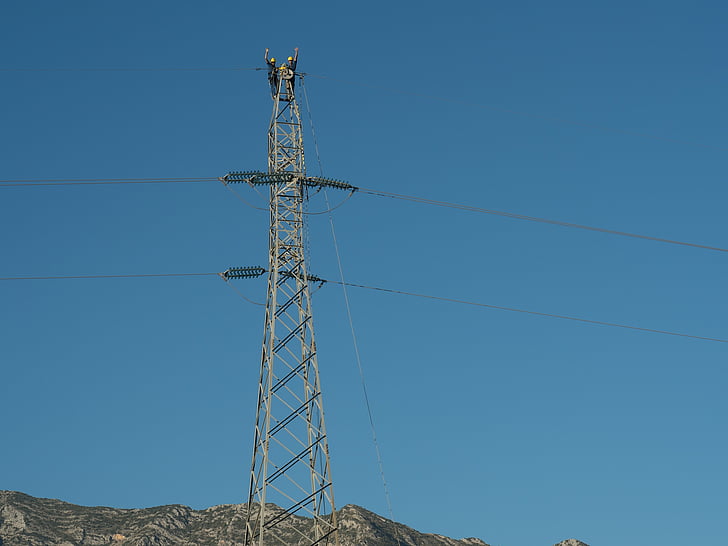 electrical tower, electricity, workers, electricians, greeting, sky