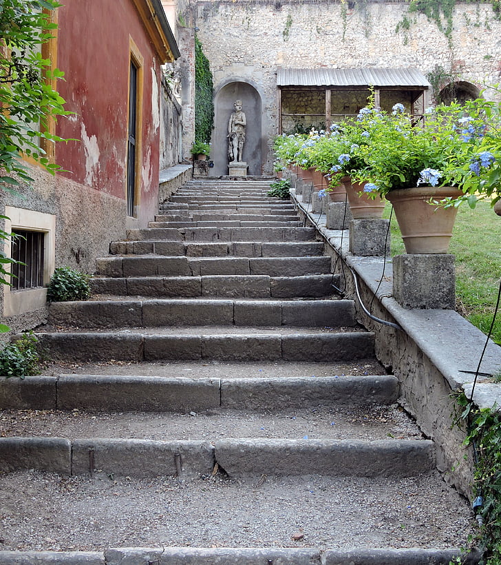 sodas, skalė, gėlės, vazos, laiptai, Verona, Giusti sodas