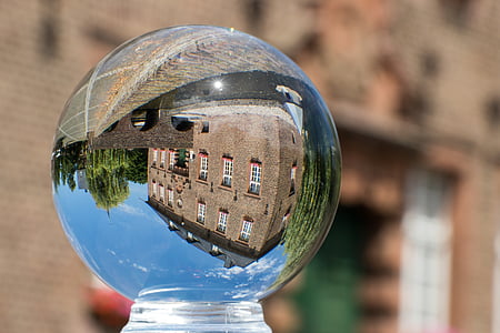 glass ball, glass ball photo, mirroring, town hall, architecture, building, historically