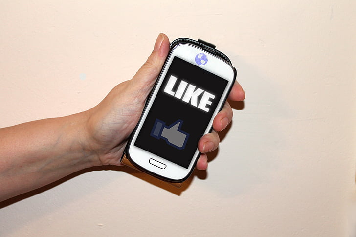 telefone móvel, socialmedia, Facebook, como, polegar