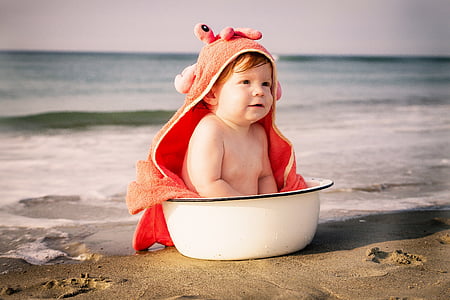 ビーチ, 赤ちゃん, カニ, 鍋を洗う, 夏, 子, 海