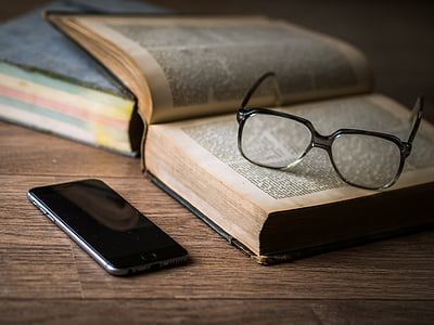 blur, book, books, cellphone, close-up, device, eyeglasses