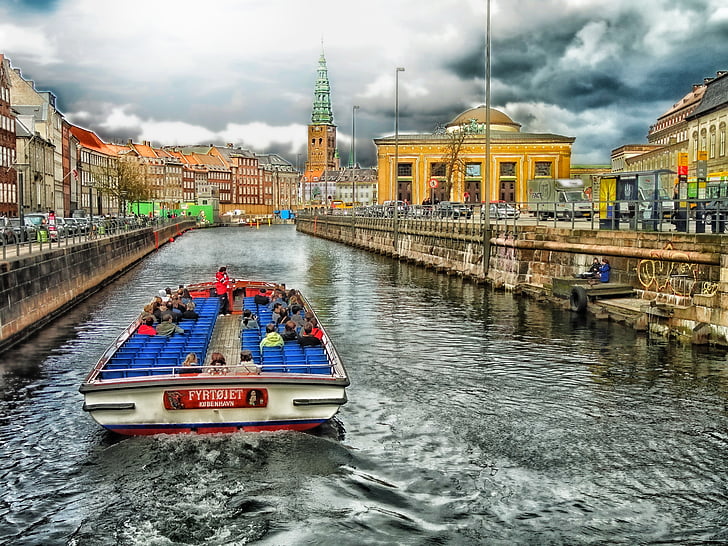 Kopenhagen, Denemarken, kanaal, boot, toeristen, stad, steden