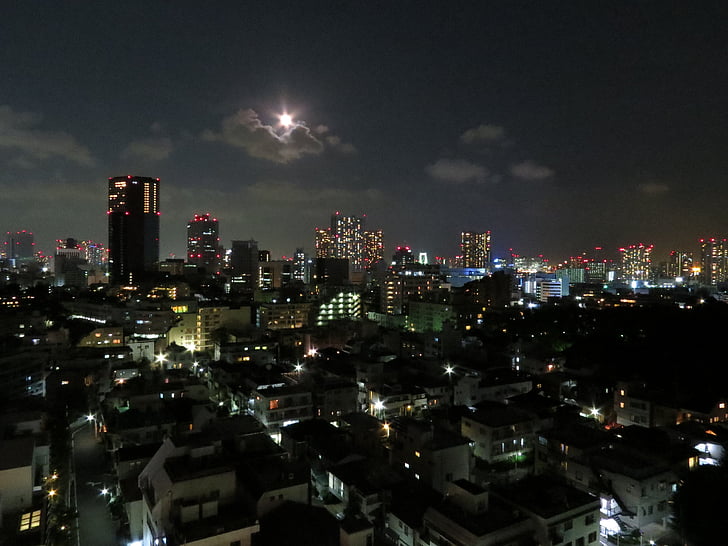 mesiac, spln, Tokio, Architektúra, Skyline, mesto, Panoráma mesta