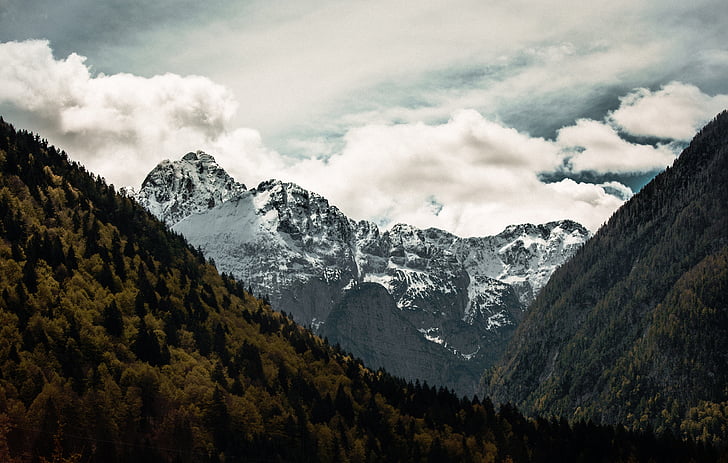 nature, mountains, snow, trees, sky, clouds, mountain