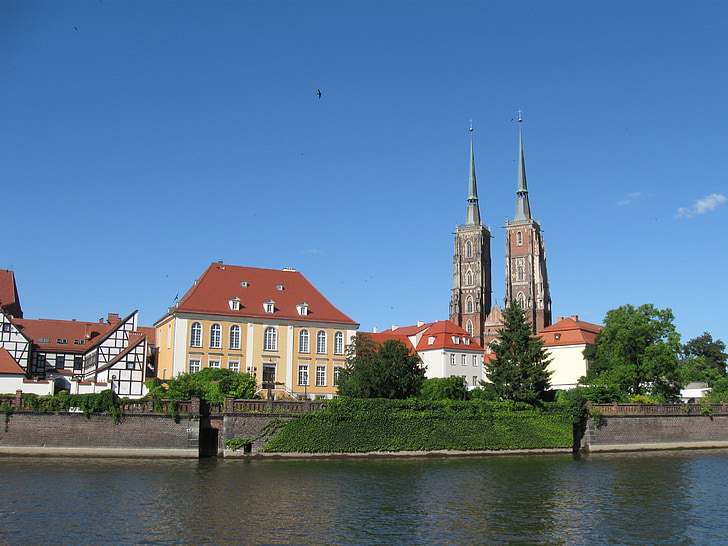 Wrocław, thành phố Ostrów tumski, sông, Nhà thờ chính tòa, Ba Lan, kiến trúc, thành phố