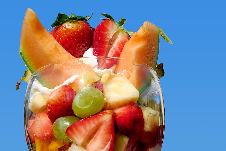 fruit cup, dessert, fruits, strawberries, melon, grapes, whipped cream