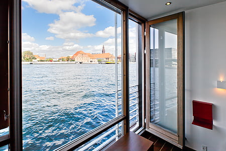 Copenaghen, casa galleggiante, porta, acqua, blu, moderno