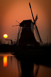 Mill, solnedgång, skymning, Orange, solen, natt, Nederländska