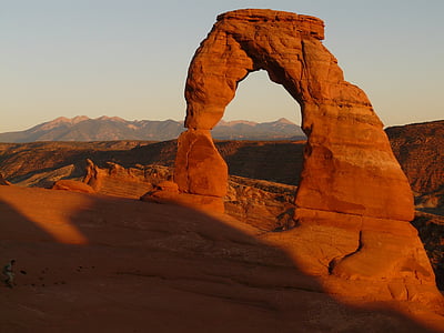 棕色, 岩石, 峡谷, 日落, 精致的拱, 拱门, 岩石-对象