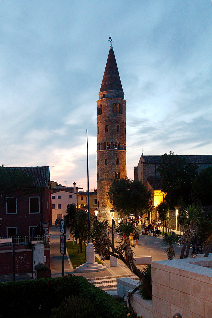 caorle, venice, italy, piazza, church, campanile, architecture