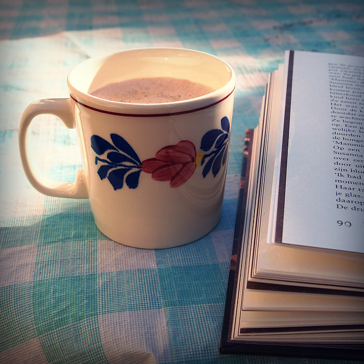 커피, 컵, 도 서, 야외, 테이블, 읽기, 조명