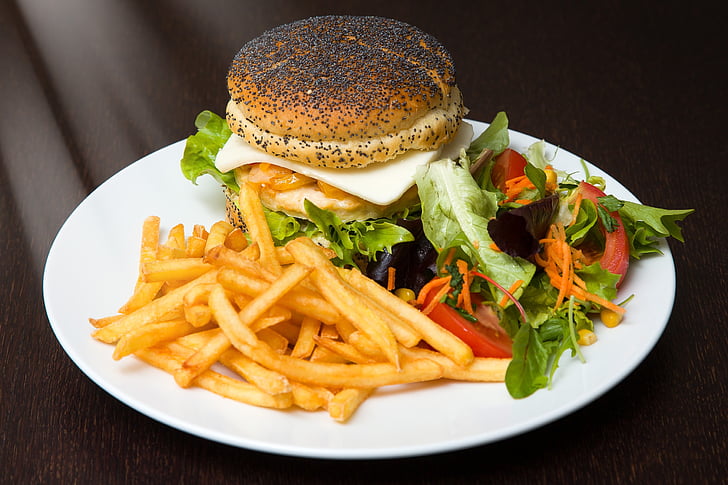 hamburger, food, burger, french fries, salad, fast food, plate