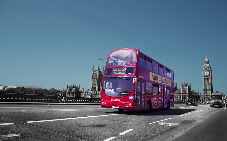 Big ben, bus, England, London, Road, Sky, køretøj