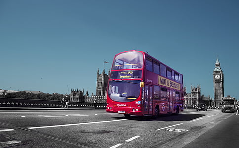 big ben, bus, england, london, road, sky, vehicle