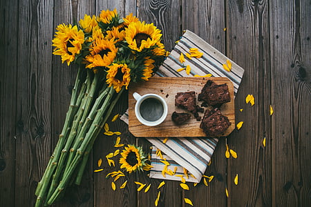 Sonnenblumen, Tabelle, Brownies, Kaffee, dienen, Tablett, Sonnenblume