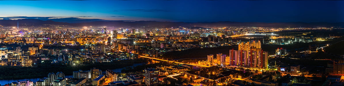 vaizdas naktį, Ulan Batoras Rytų, Mongolija, miesto šviesos, Afterlight, Panoramos, šviečiantys